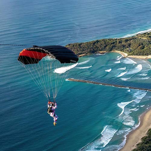Aerial view of beautiful beach and coastline during skydive